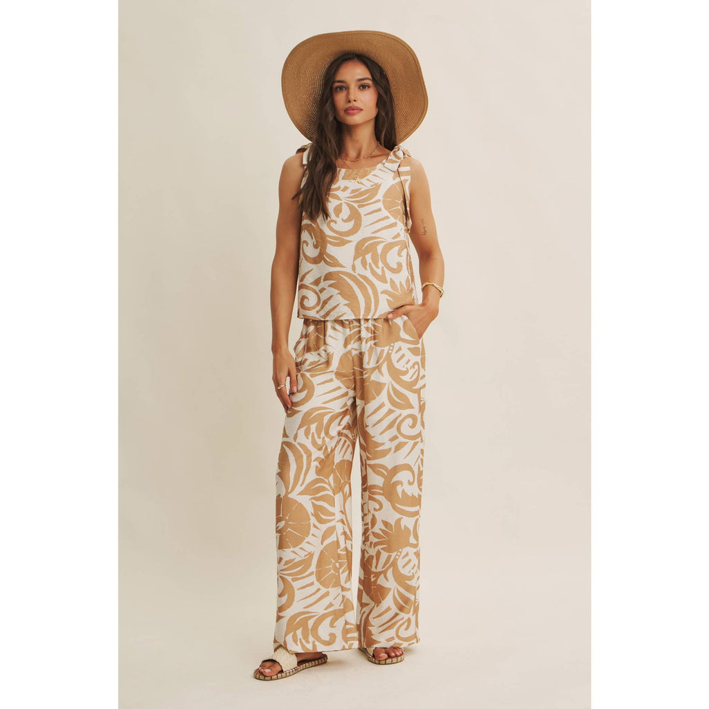 EURO SUMMER ISLAND FOLIAGE AIRY WIDE-LEG PANTS IN WARM LATTE