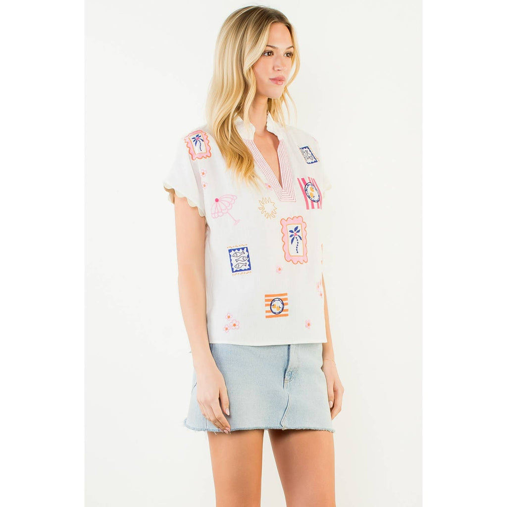 Short Sleeve Embroidery Detail Top