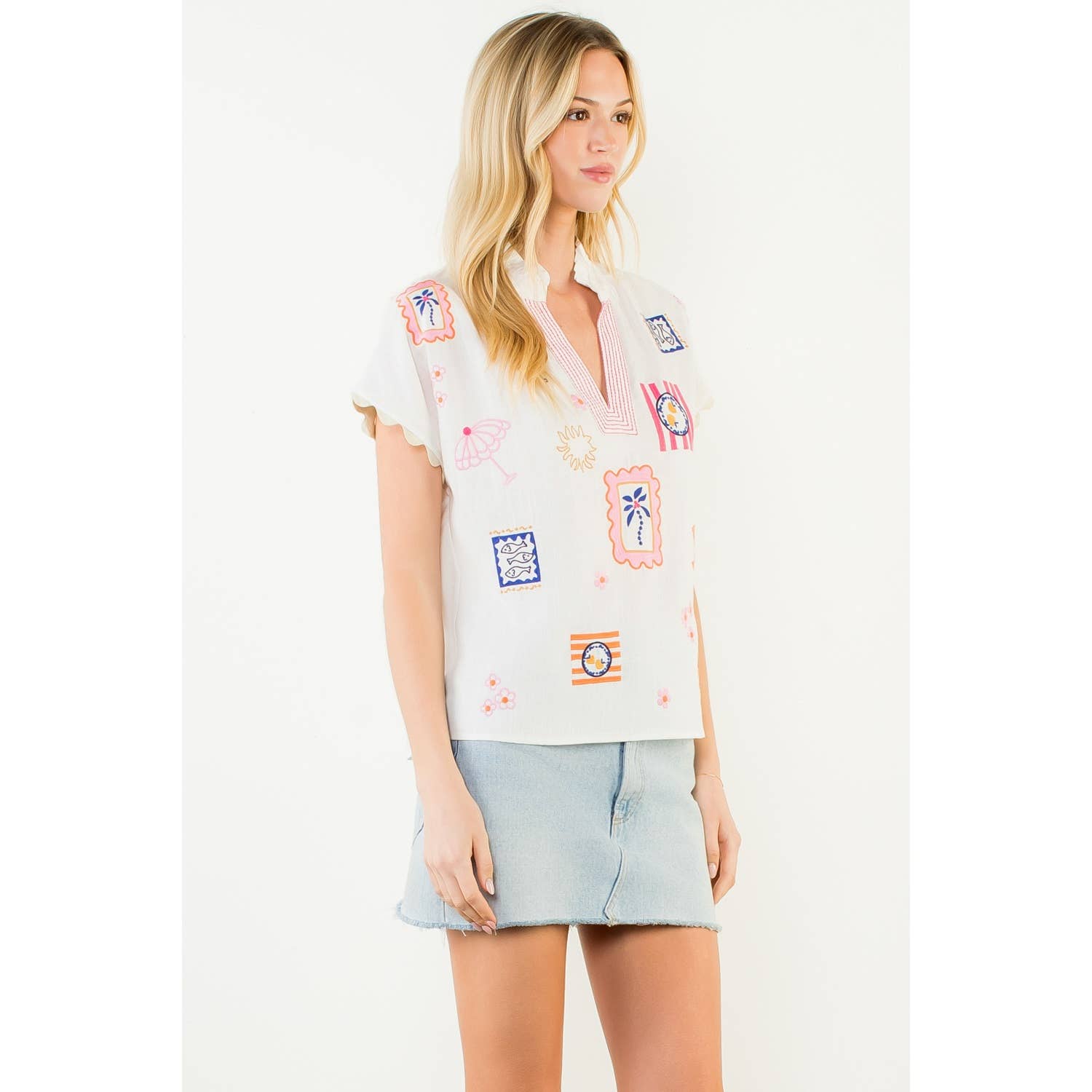 Short Sleeve Embroidery Detail Top
