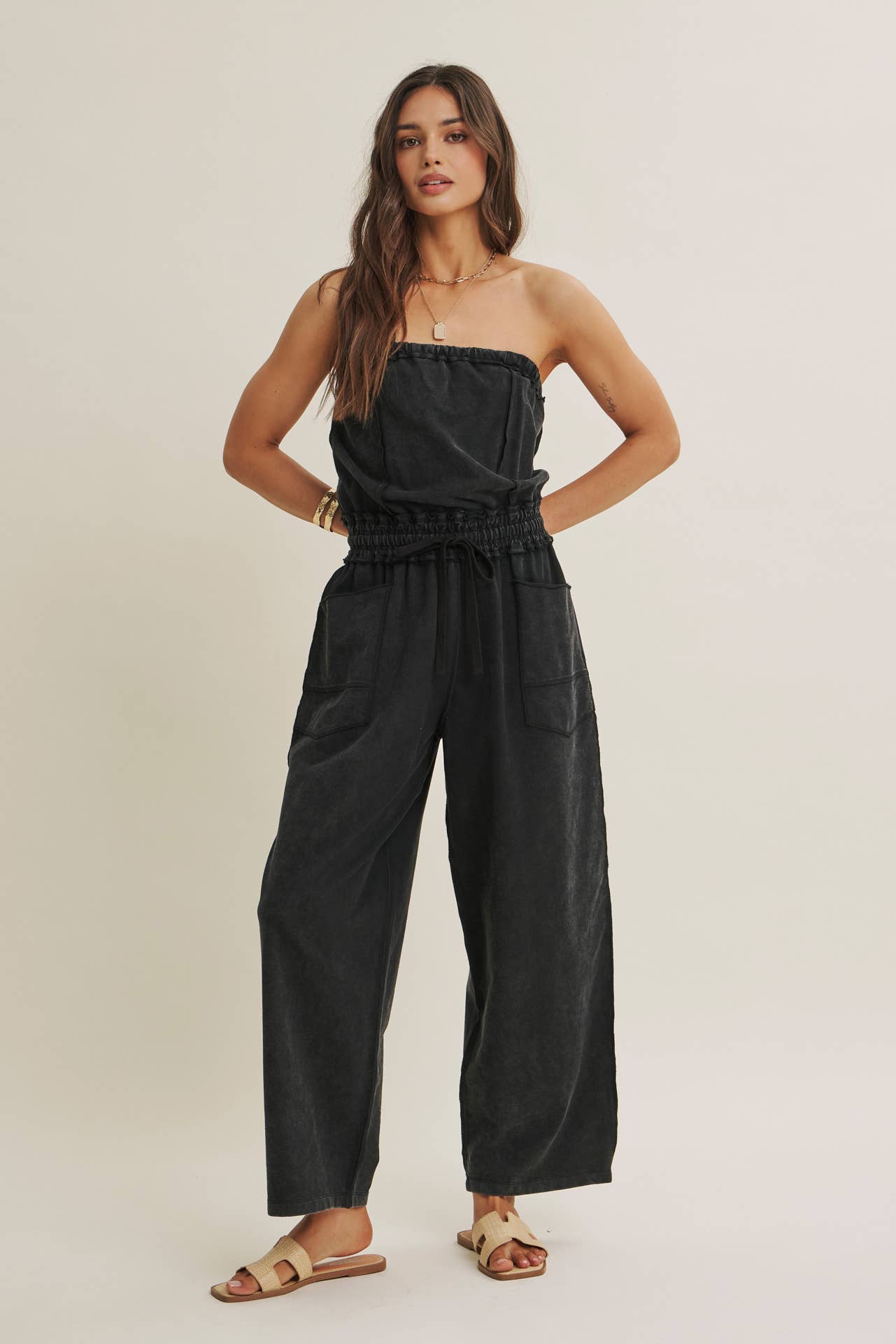 BEACH TOWN WEEKEND MINERAL-WASHED STRAPLESS JUMPSUIT