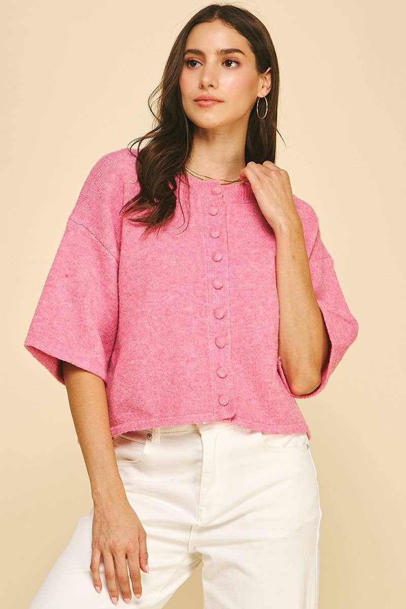 BUTTON DOWN SHORT SLEEVE SWEATER - 6752W