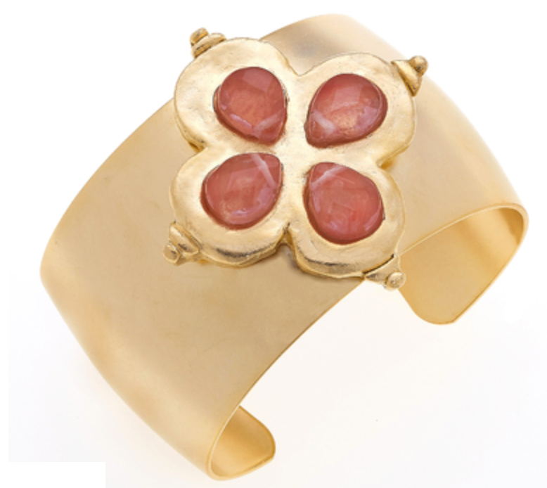 Handcast Gold Clover with Genuine Cherry Quartz Stone Cuff