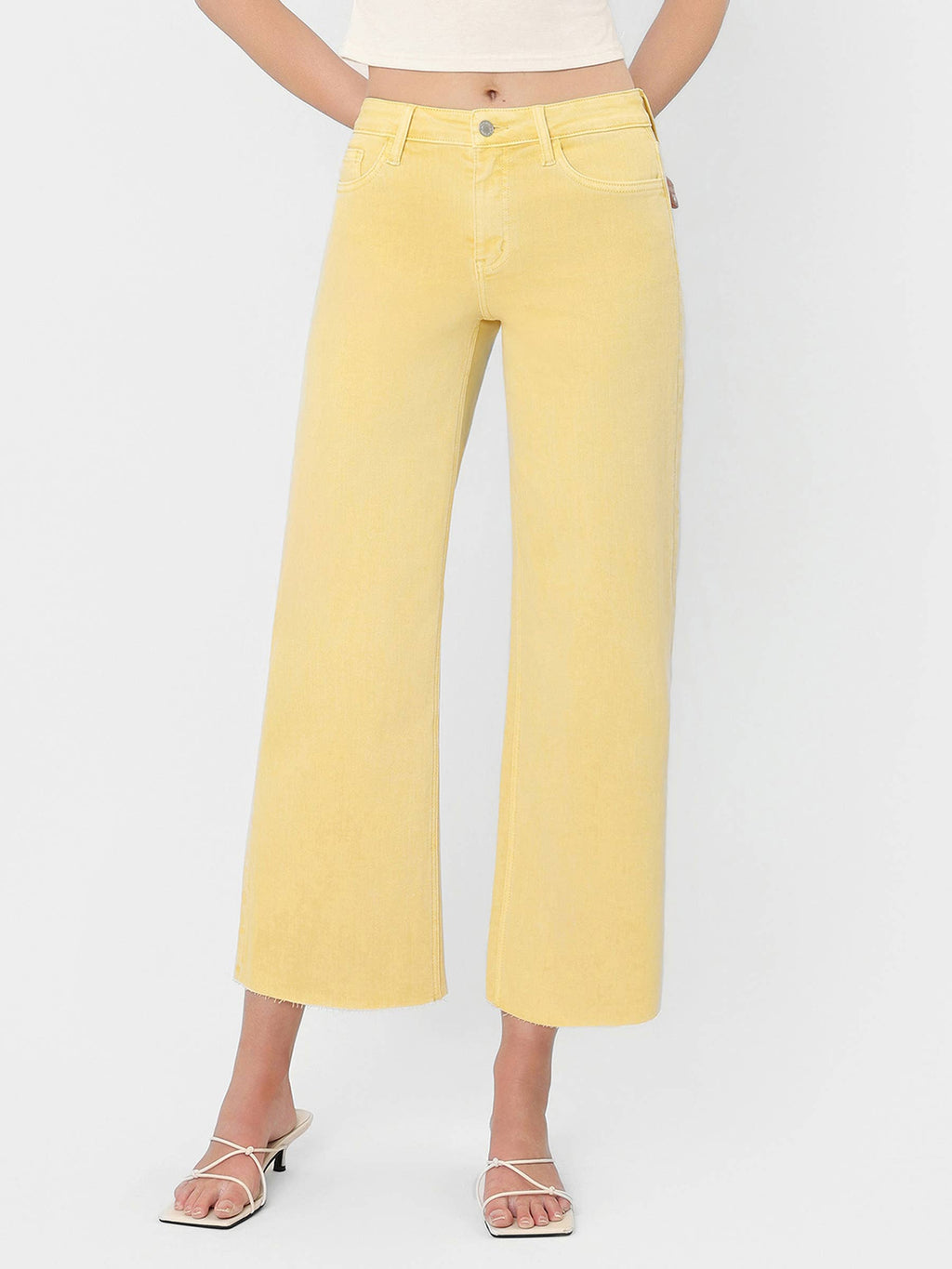 HIGH RISE BABY YELLOW COLOR CROP WIDE LEG JEANS T5894BYL
