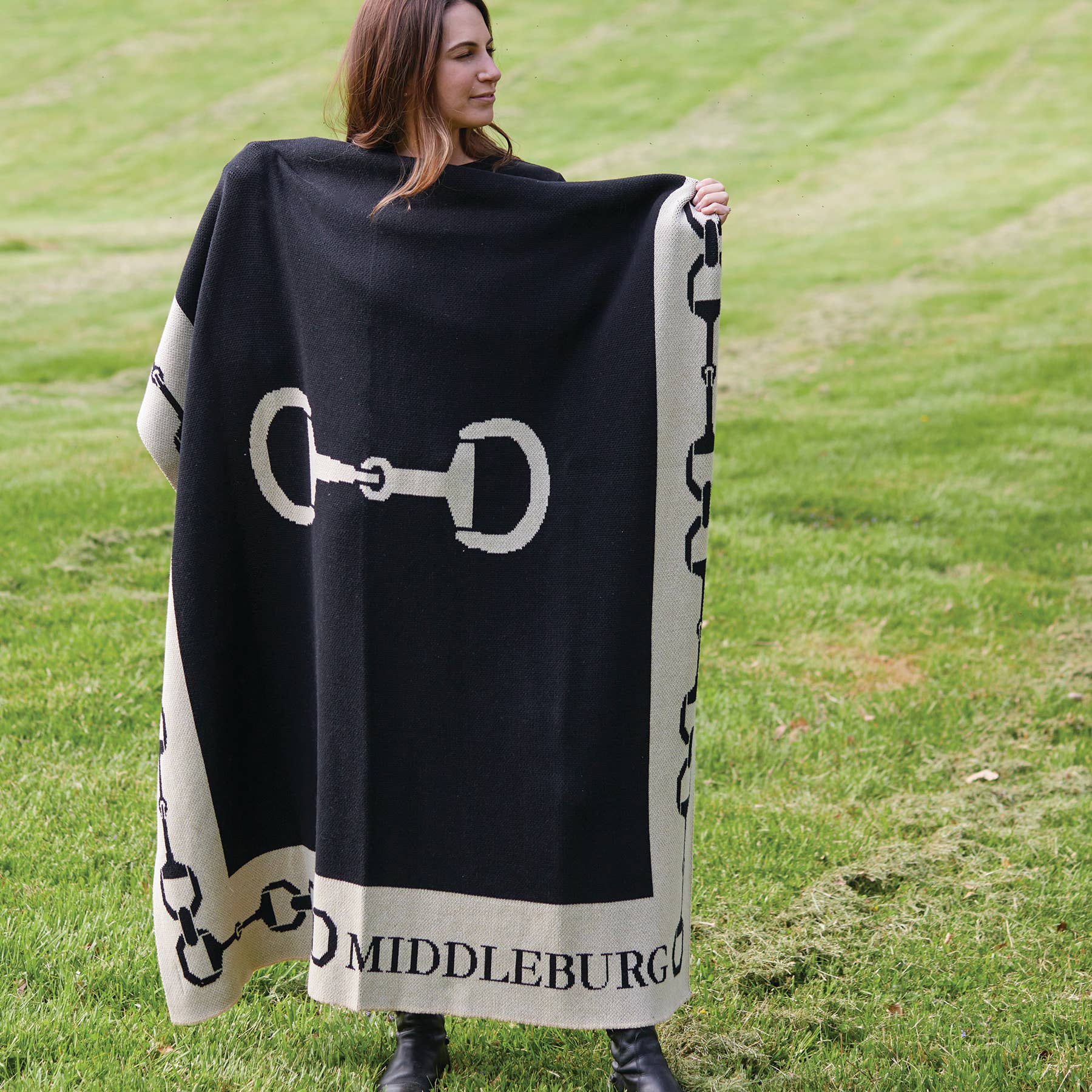 Custom Personalized Equestrian Sustainable Knit Throw Blanket - Snaffle Bit Border