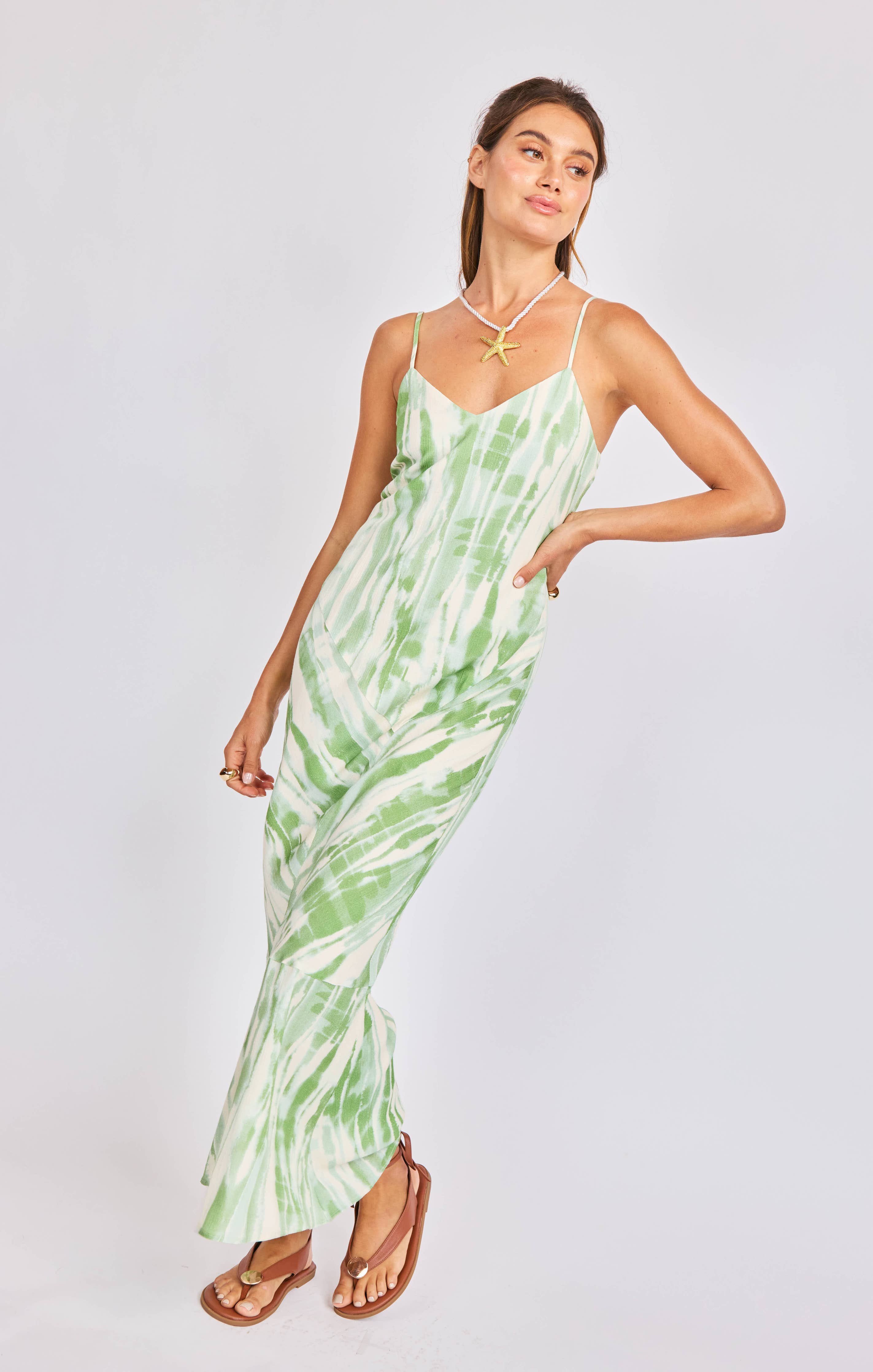 Tropical Storm Slip Dress:GREEN IVORY