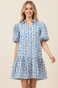 FLORAL STRIPE PUFFED SLEEVE MINI DRESS - 4450DK