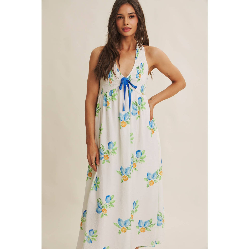 AMALFI COAST VIBE SMOCKED FLARE HALTER LEMON MIDI DRESS