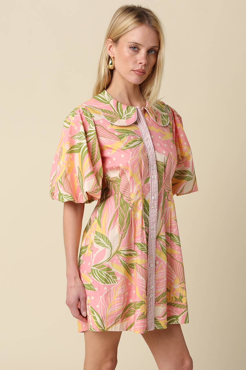Nia Tropical Puff Sleeve Mini Dress