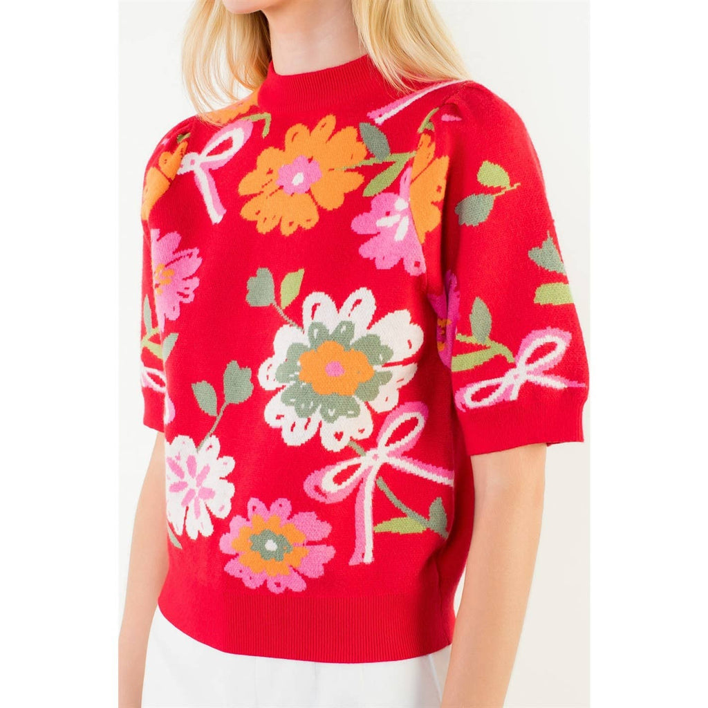 Short Sleeve Floral Detail Knit Top