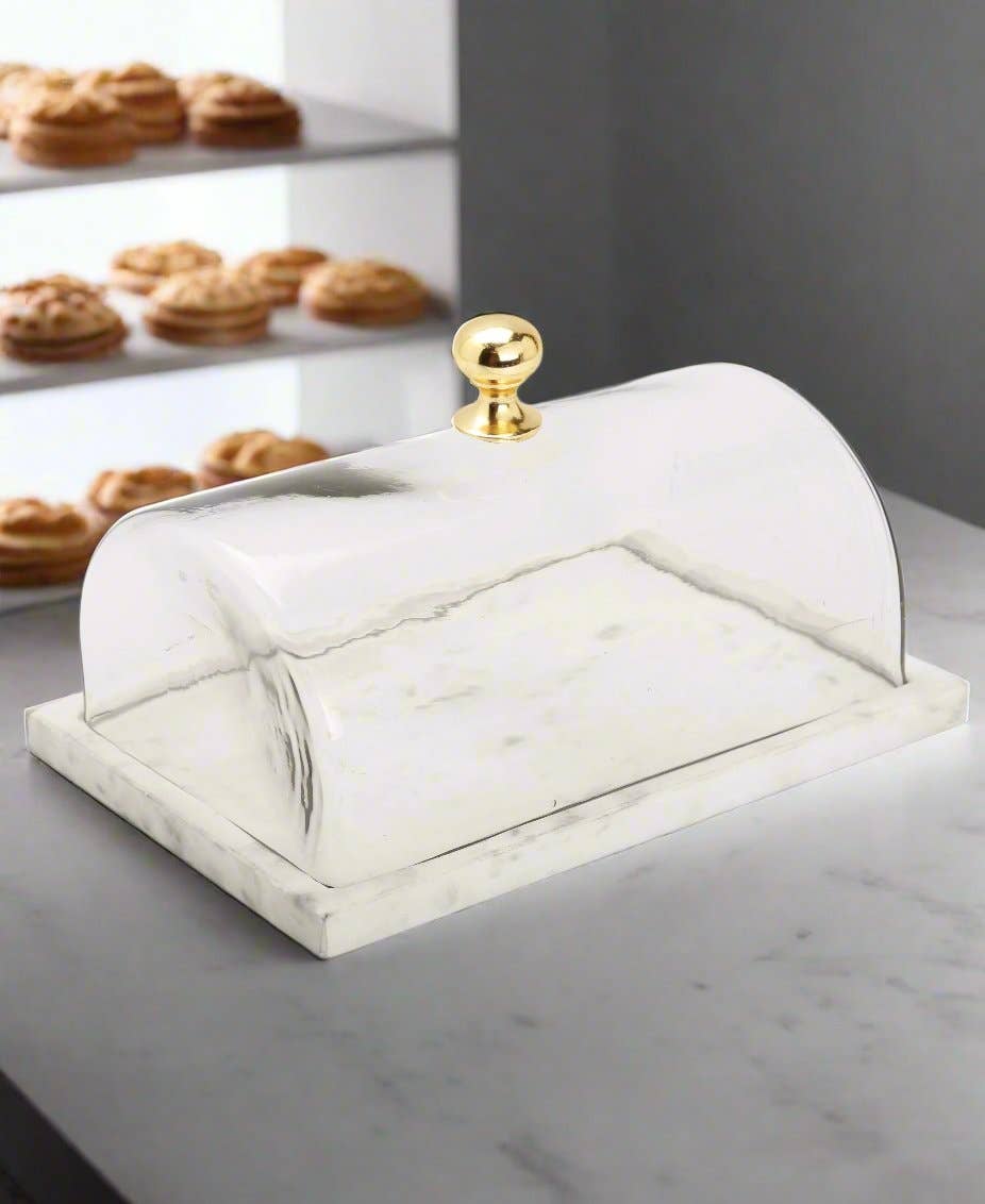 Rectangular Marble Cake Dome with Gold Knob