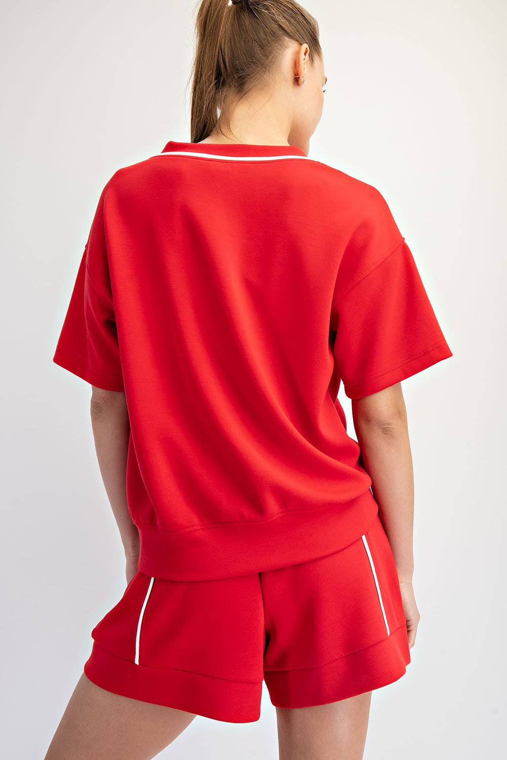 MODAL SCUBA V NECK FLAT PIPING SHORT SLEEVE TOP