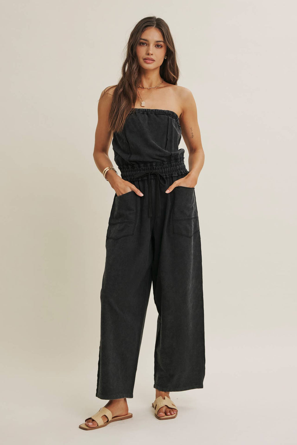 BEACH TOWN WEEKEND MINERAL-WASHED STRAPLESS JUMPSUIT