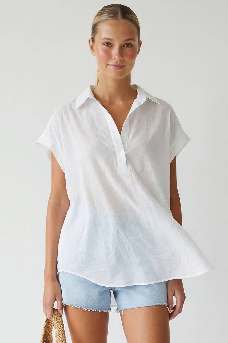 Cotton Short Sleeve Popover Blouse