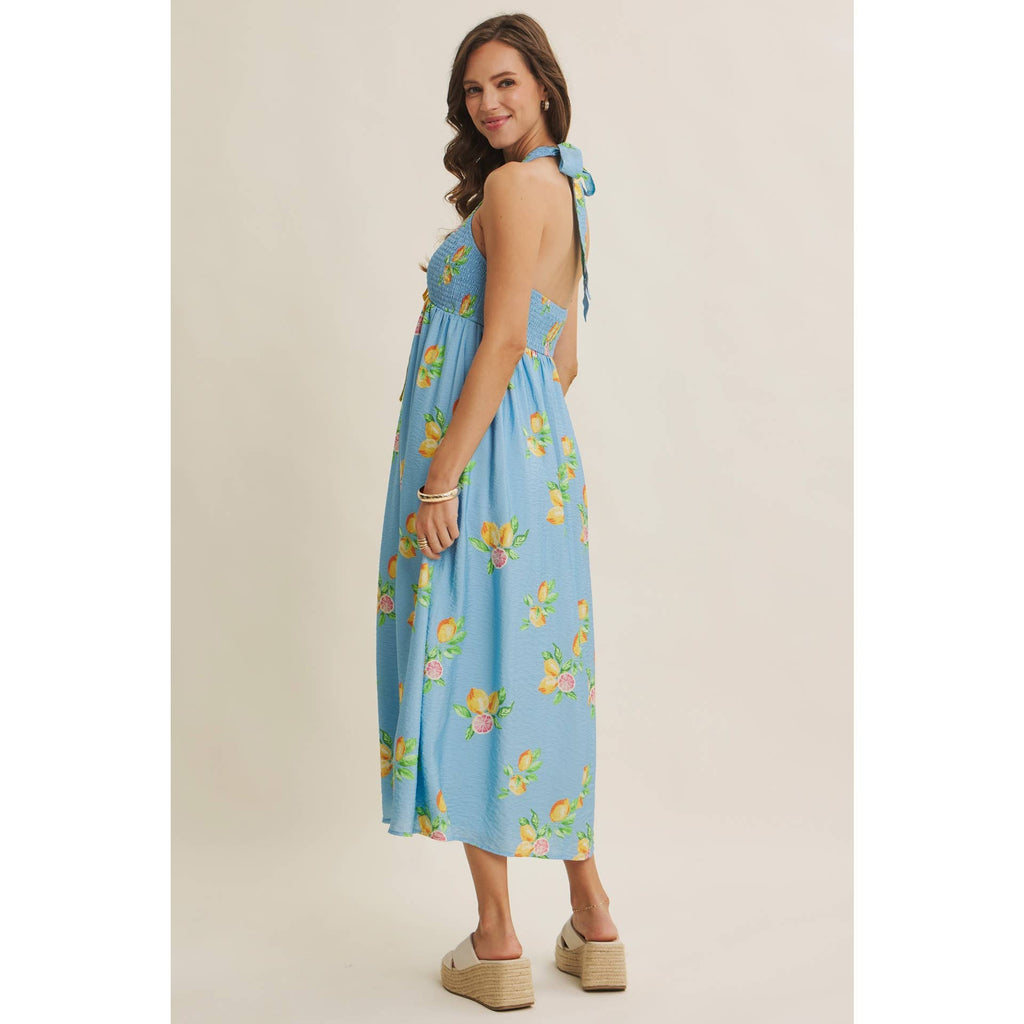 AMALFI COAST VIBE SMOCKED FLARE HALTER LEMON MIDI DRESS