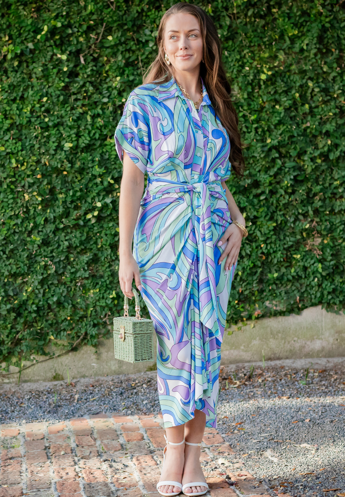 Short-Sleeve Cinch Waist Tabitha Midi Button-Up
