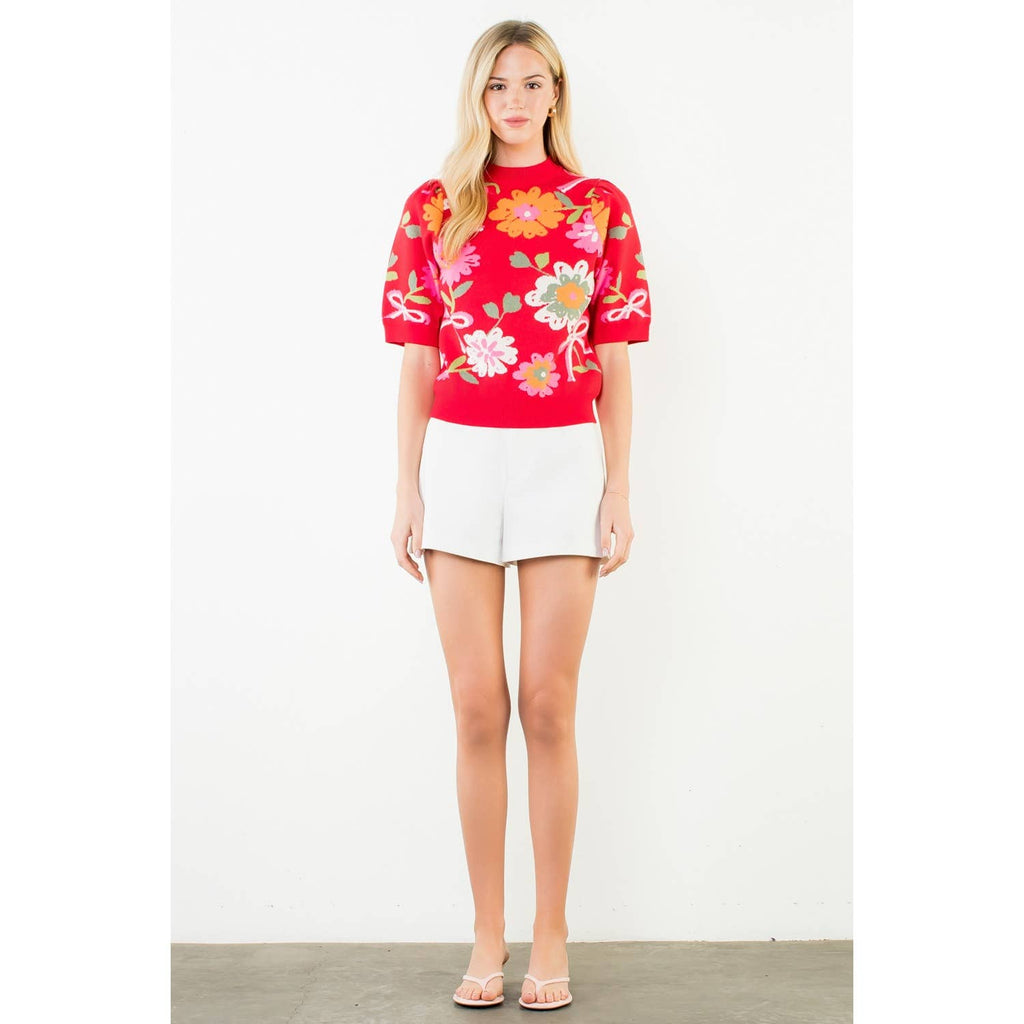 Short Sleeve Floral Detail Knit Top
