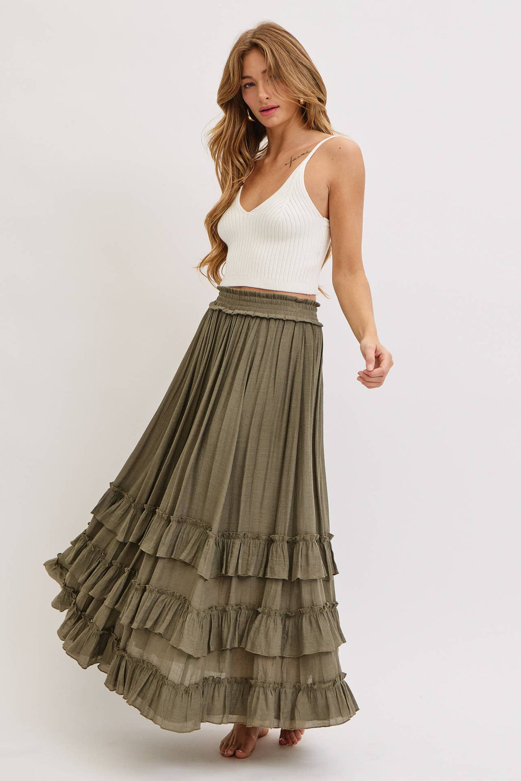 EASY FLOWY TIERED RUFFLE MAXI SKIRT