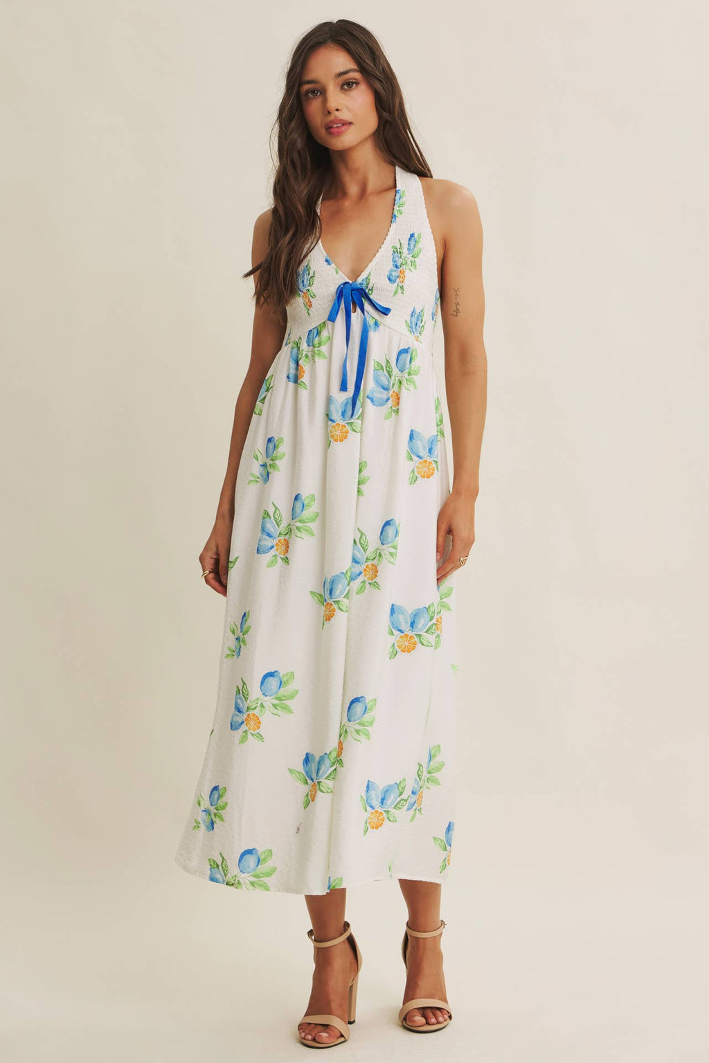 AMALFI COAST VIBE SMOCKED FLARE HALTER LEMON MIDI DRESS