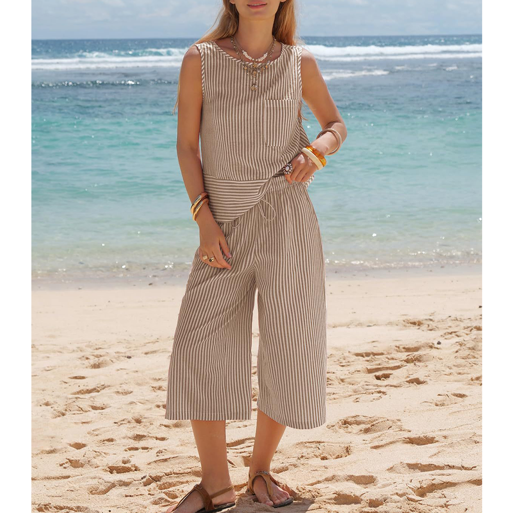 Round Neck Striped Sleeveless Top & Cropped Pants Set AXY047