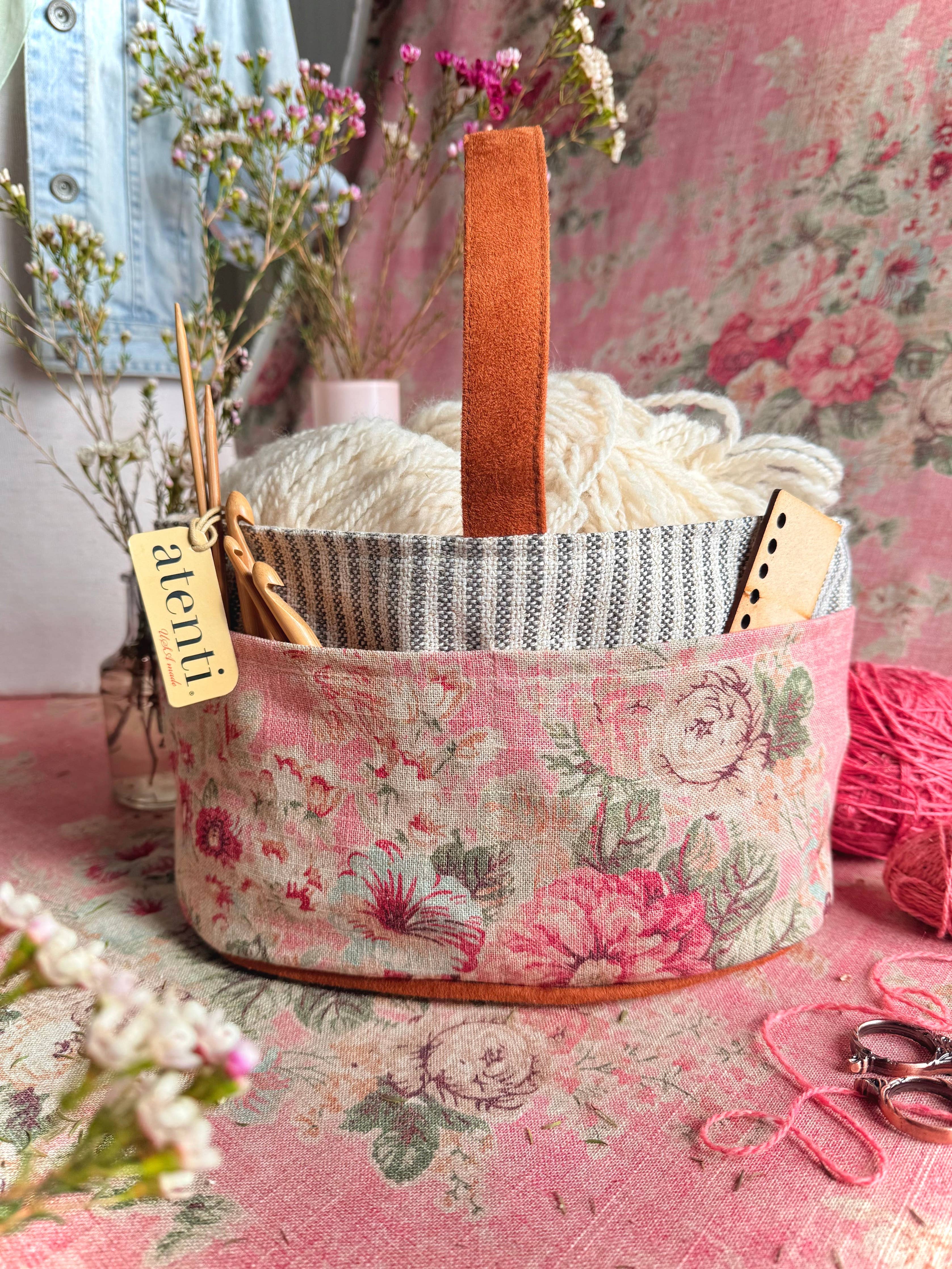 Rosewood Caddy– Handmade USA Floral Yarn & Notions Organizer, Atenti Project Bag