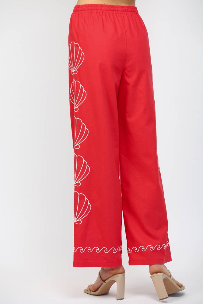 SEA SHELL EMBROIDERED ELASTIC WAIST BAND PANTS FP61120