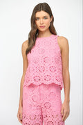 FLORAL EYELET LACE SLVL TOP FT22303