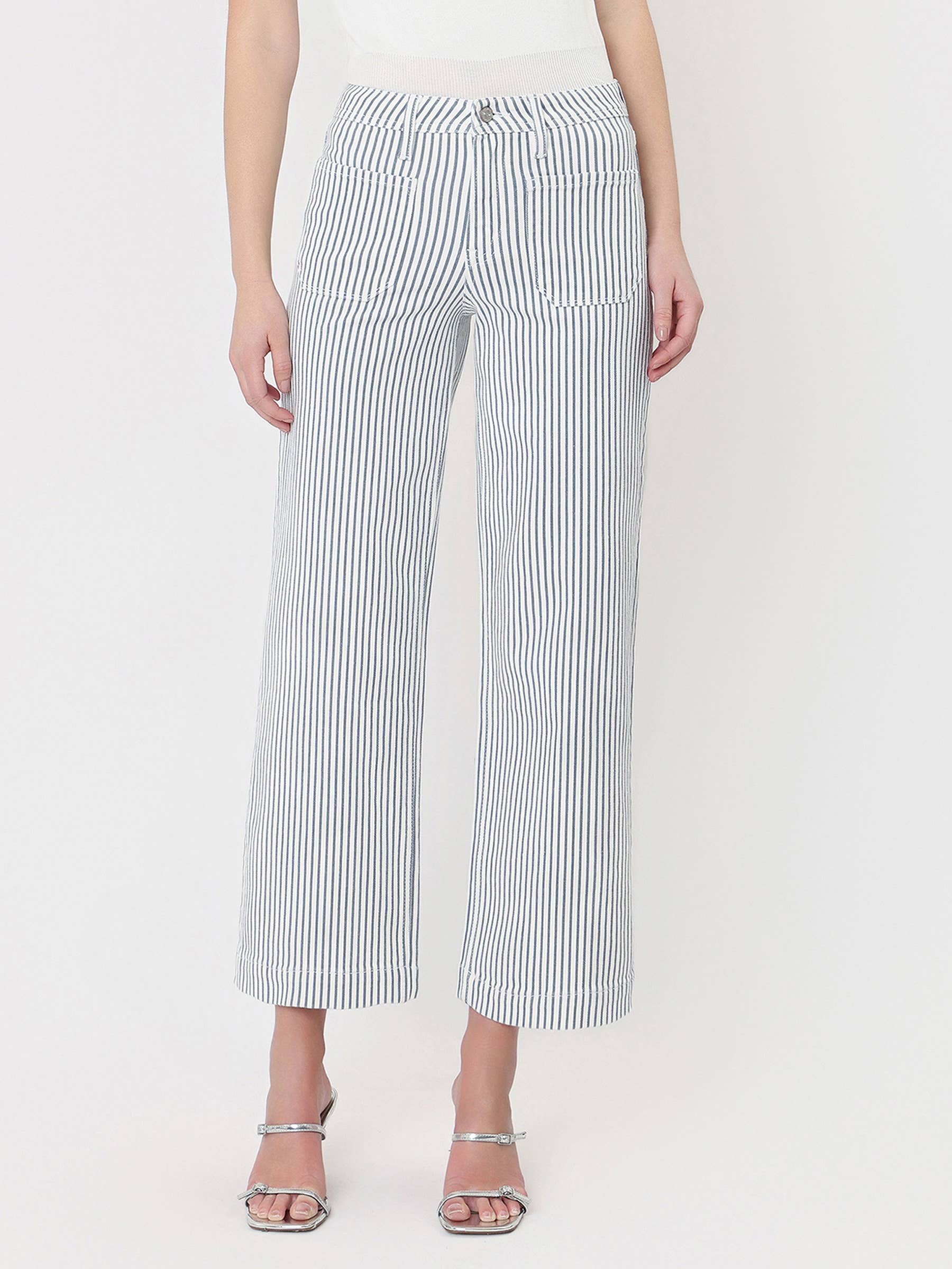 HIGH RISE PATCH POCKET CROP STRIPED WIDE LEG JEANS LV2292STR