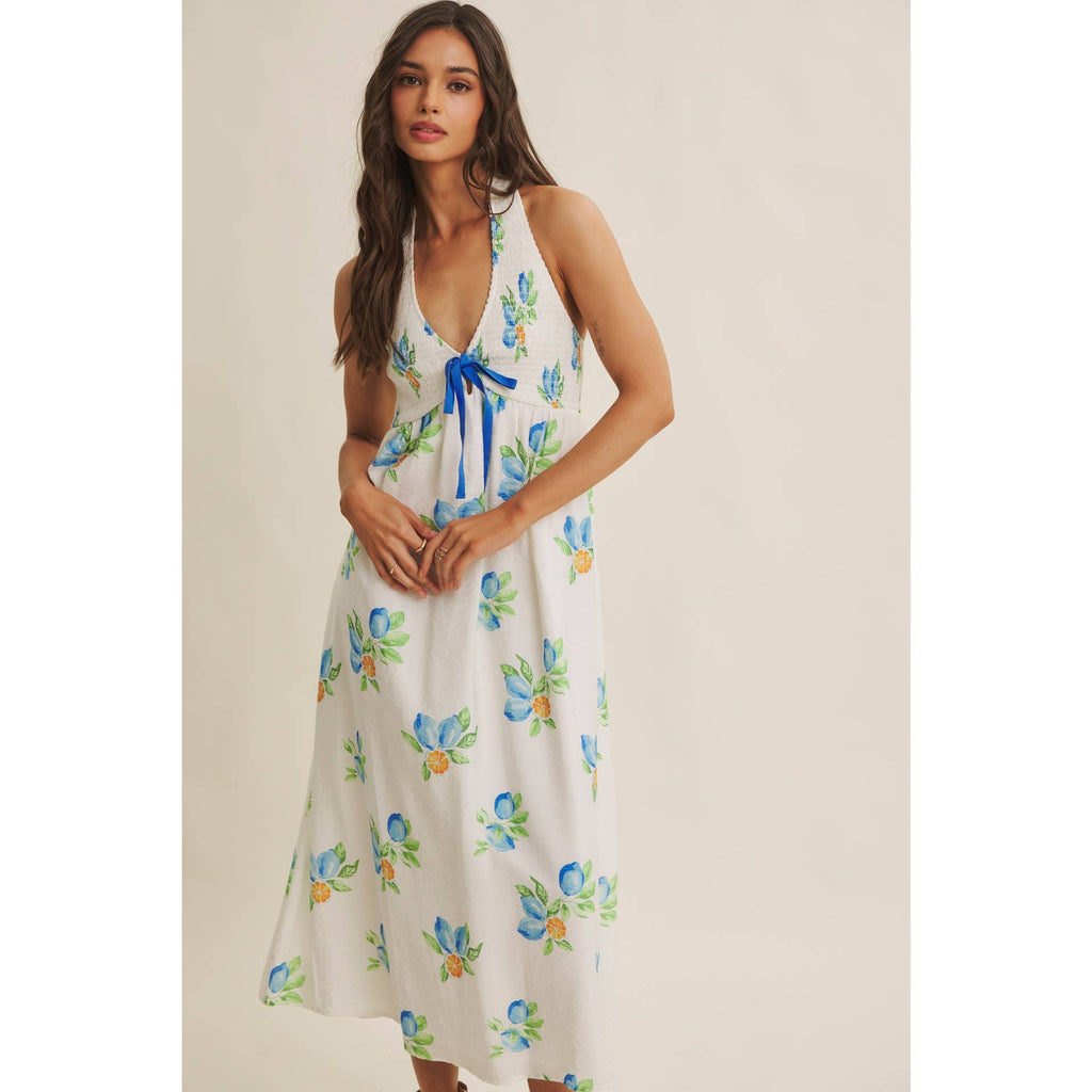 AMALFI COAST VIBE SMOCKED FLARE HALTER LEMON MIDI DRESS