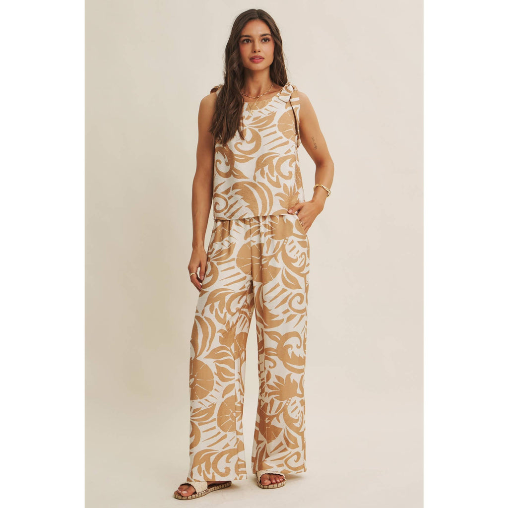 EURO SUMMER ISLAND FOLIAGE CLEAN NECK TOP WITH TIE STRAPS
