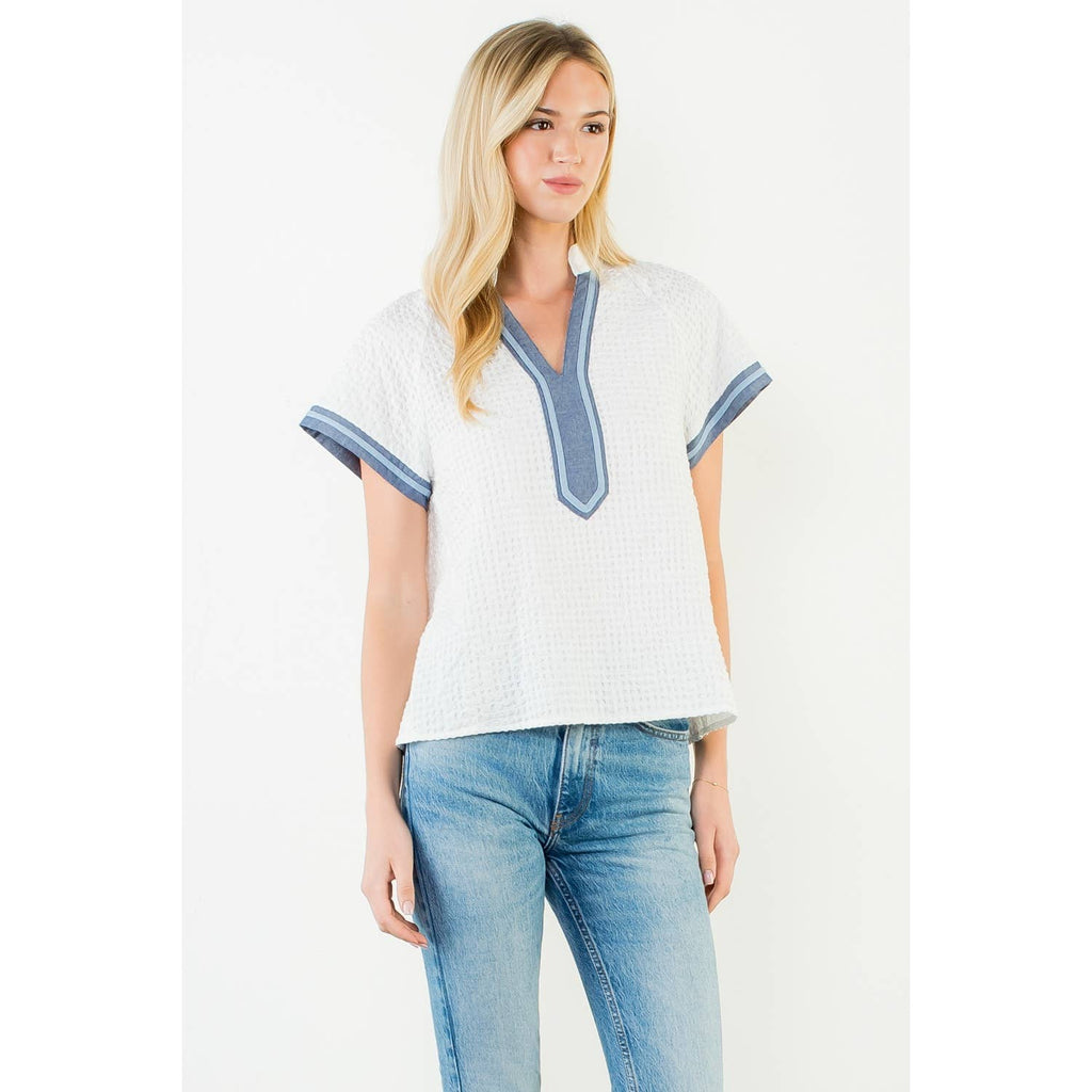 Short Sleeve Textured V-Neck Top