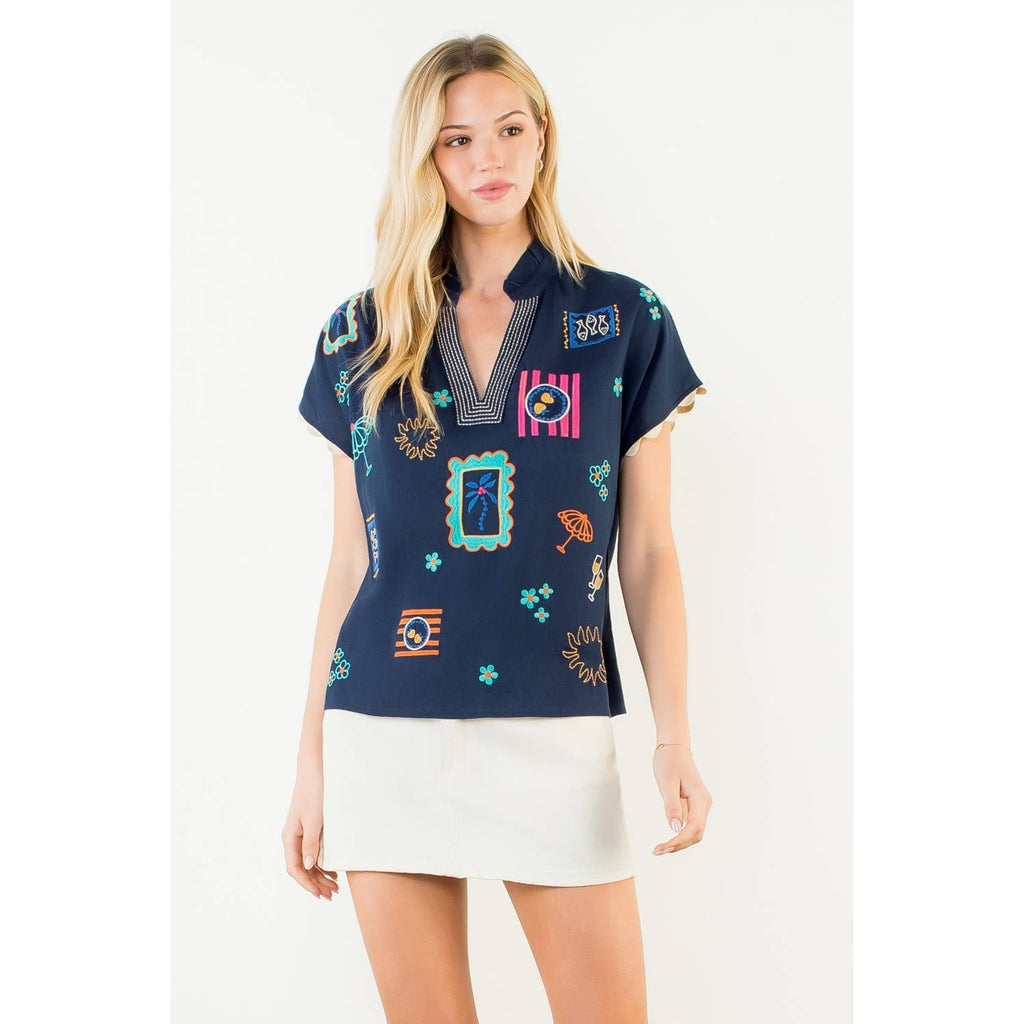 Short Sleeve Embroidery Detail Top