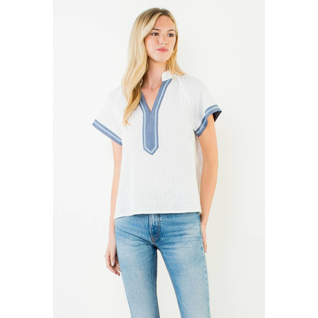 Short Sleeve Textured V-Neck Top