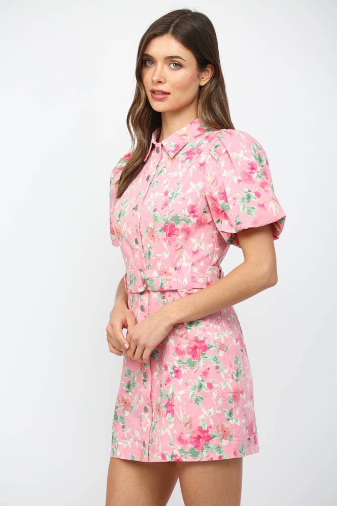 FLORAL PRINT BELTED  BUTTON DOWN MINI DRESS FD30553