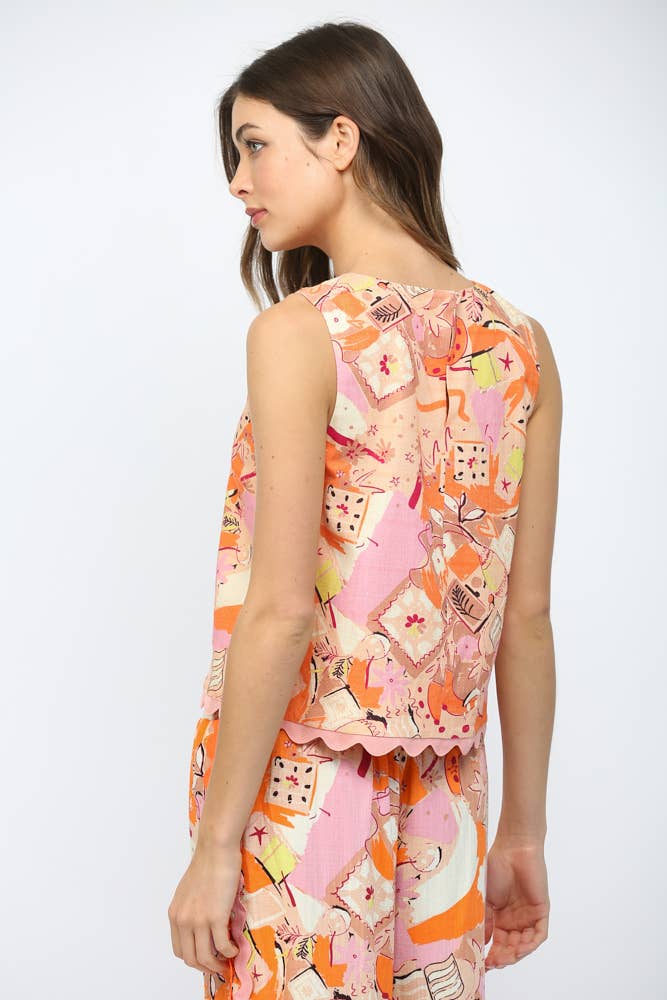 RIC-RAC TRIMMED ABSTRACT PRINT LINEN BLEND SLVL Set