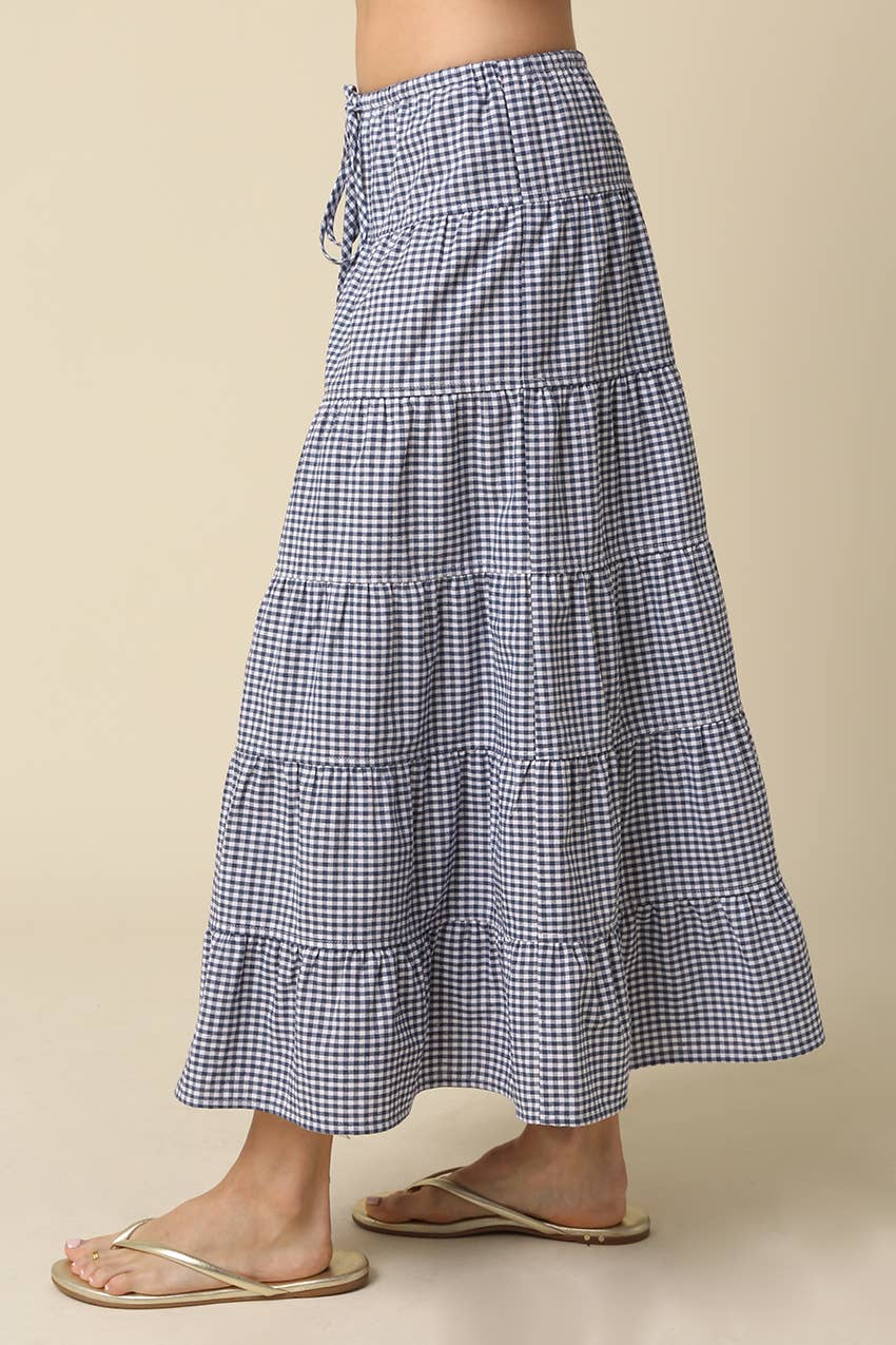 Jasmine Gingham Drawstring Tiered Maxi Skirt