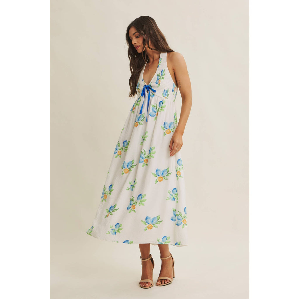 AMALFI COAST VIBE SMOCKED FLARE HALTER LEMON MIDI DRESS