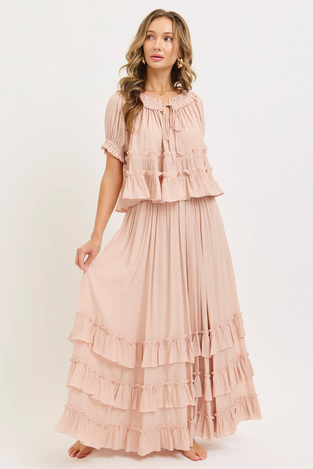 EASY FLOWY TIERED RUFFLE MAXI SKIRT