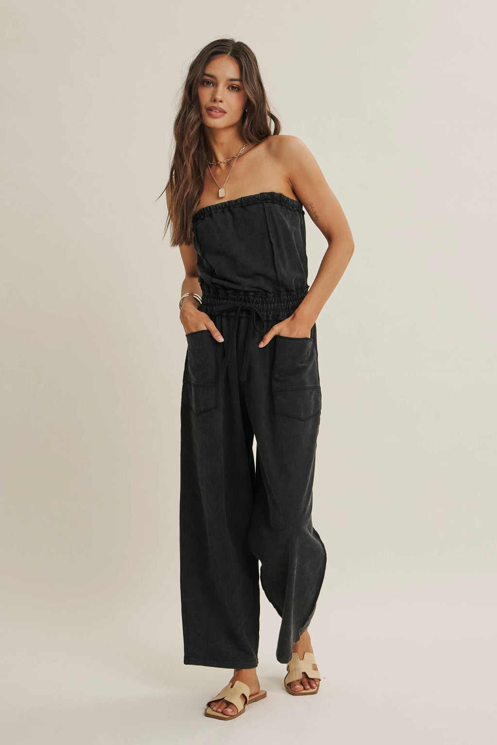 BEACH TOWN WEEKEND MINERAL-WASHED STRAPLESS JUMPSUIT