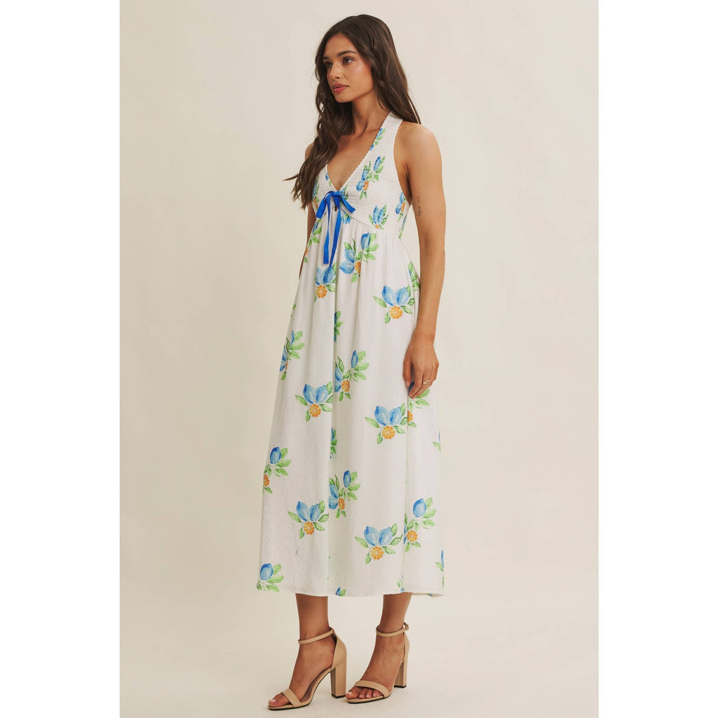 AMALFI COAST VIBE SMOCKED FLARE HALTER LEMON MIDI DRESS