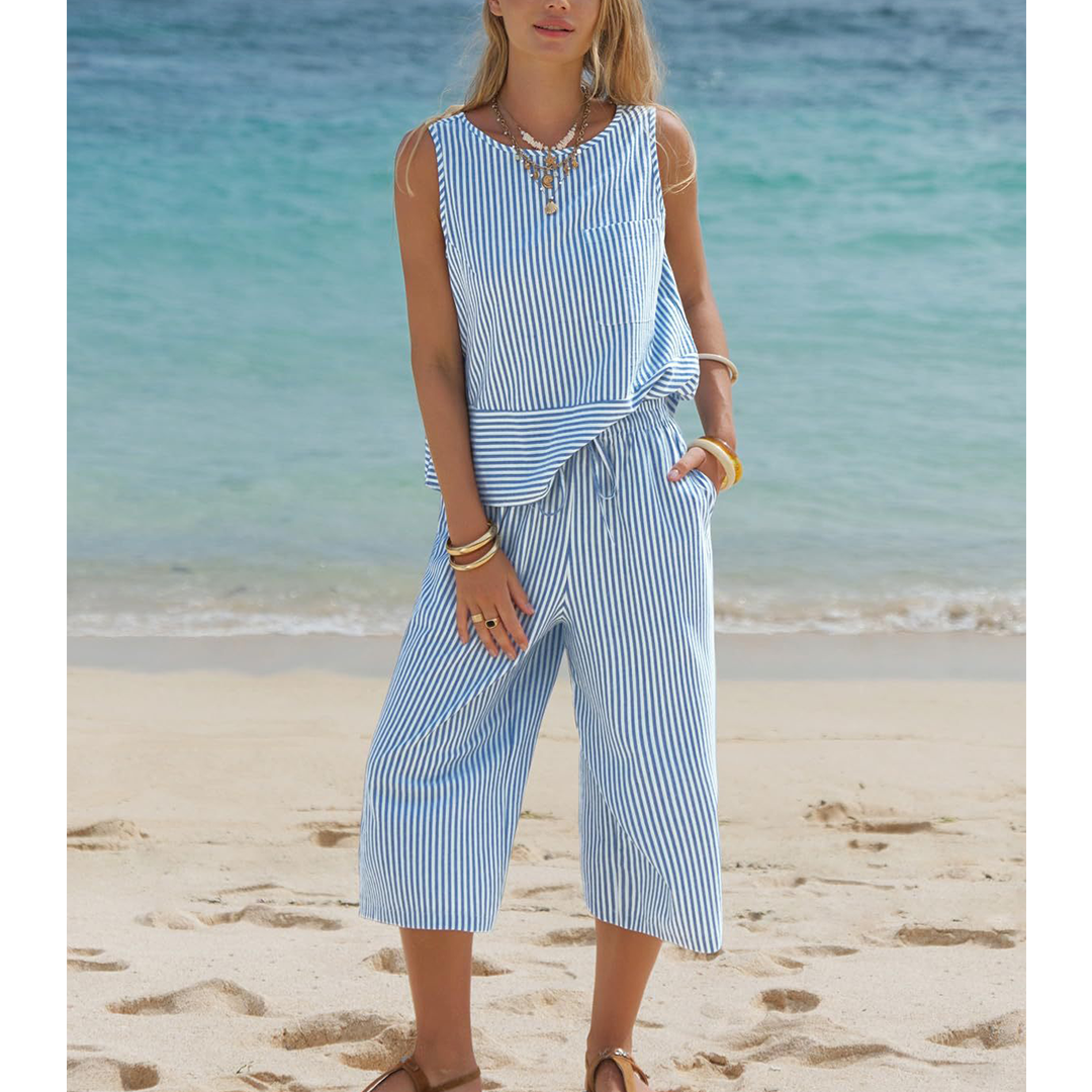 Round Neck Striped Sleeveless Top & Cropped Pants Set AXY047