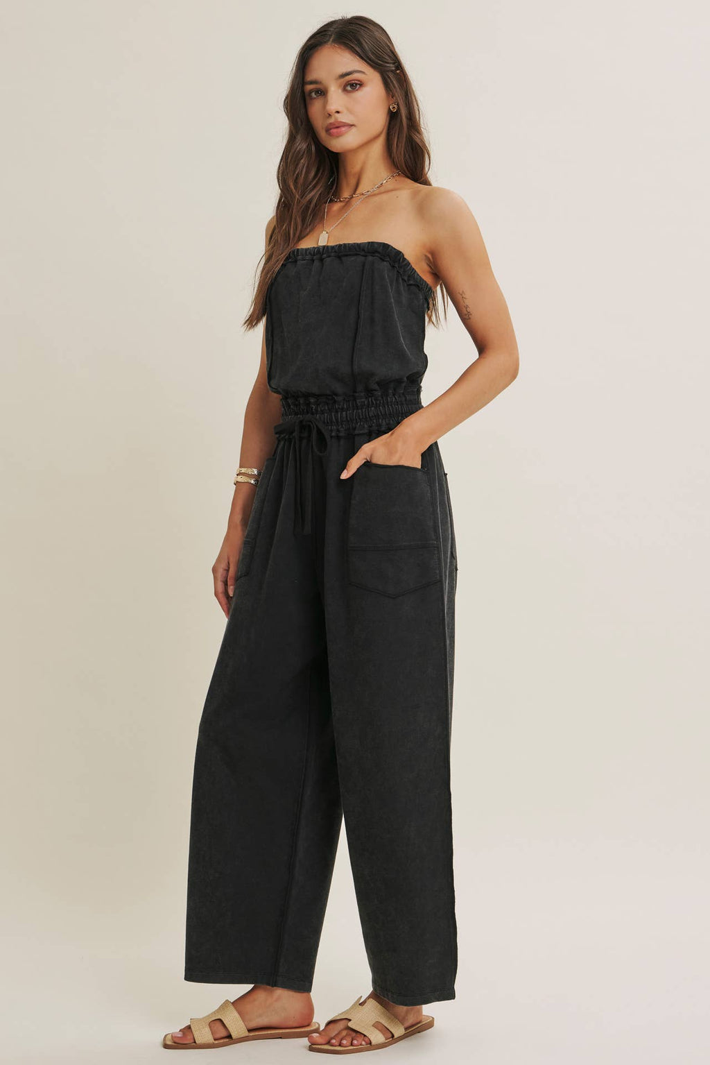 BEACH TOWN WEEKEND MINERAL-WASHED STRAPLESS JUMPSUIT