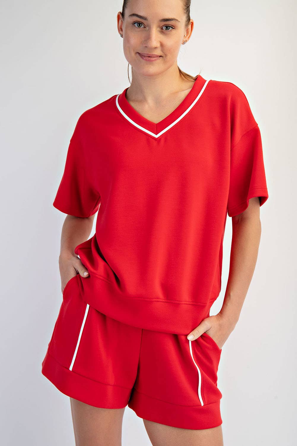 MODAL SCUBA V NECK FLAT PIPING SHORT SLEEVE TOP