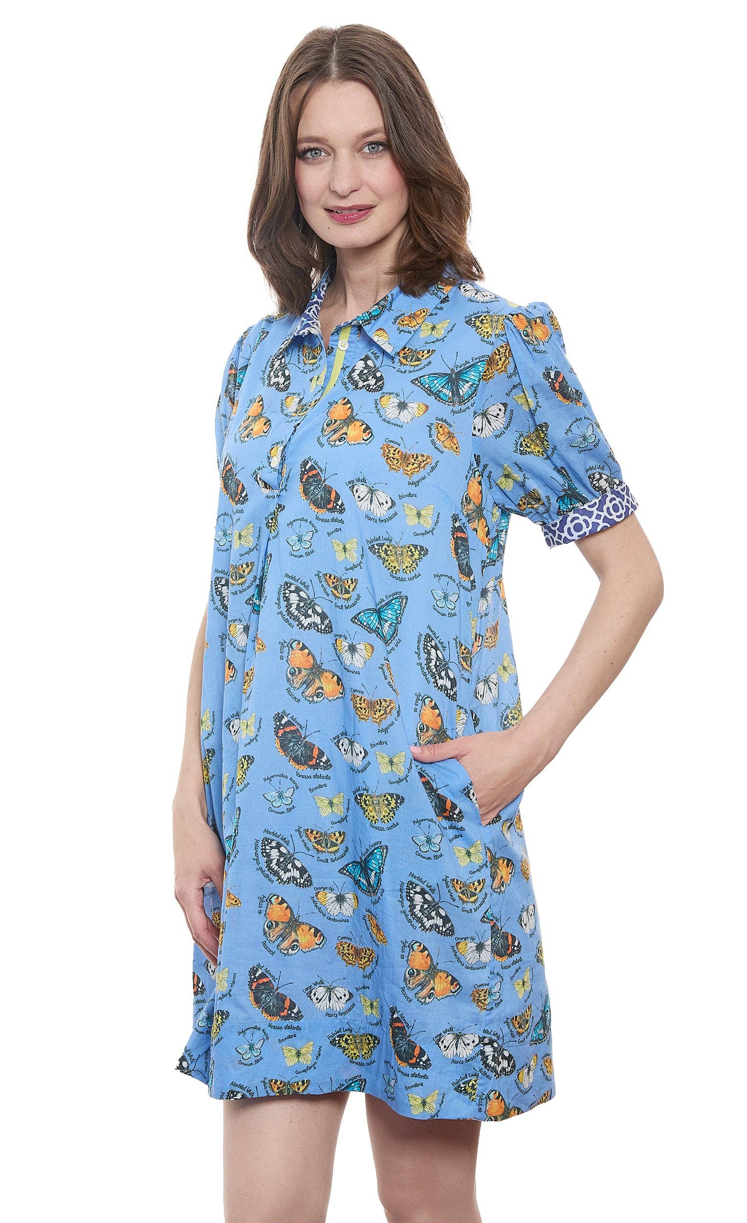 Left Bank Puff Sleeve Dress Butterfly Print On Cotton Voile