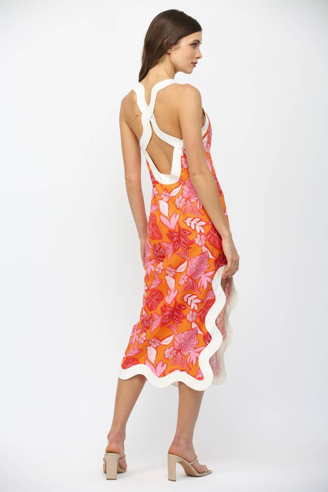 WAVY EDGE TROPICAL PRINT LINEN BLEND SLVL MIDI DRESS FD35906