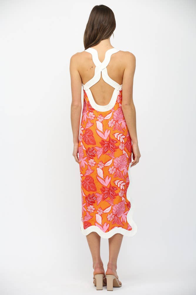 WAVY EDGE TROPICAL PRINT LINEN BLEND SLVL MIDI DRESS FD35906