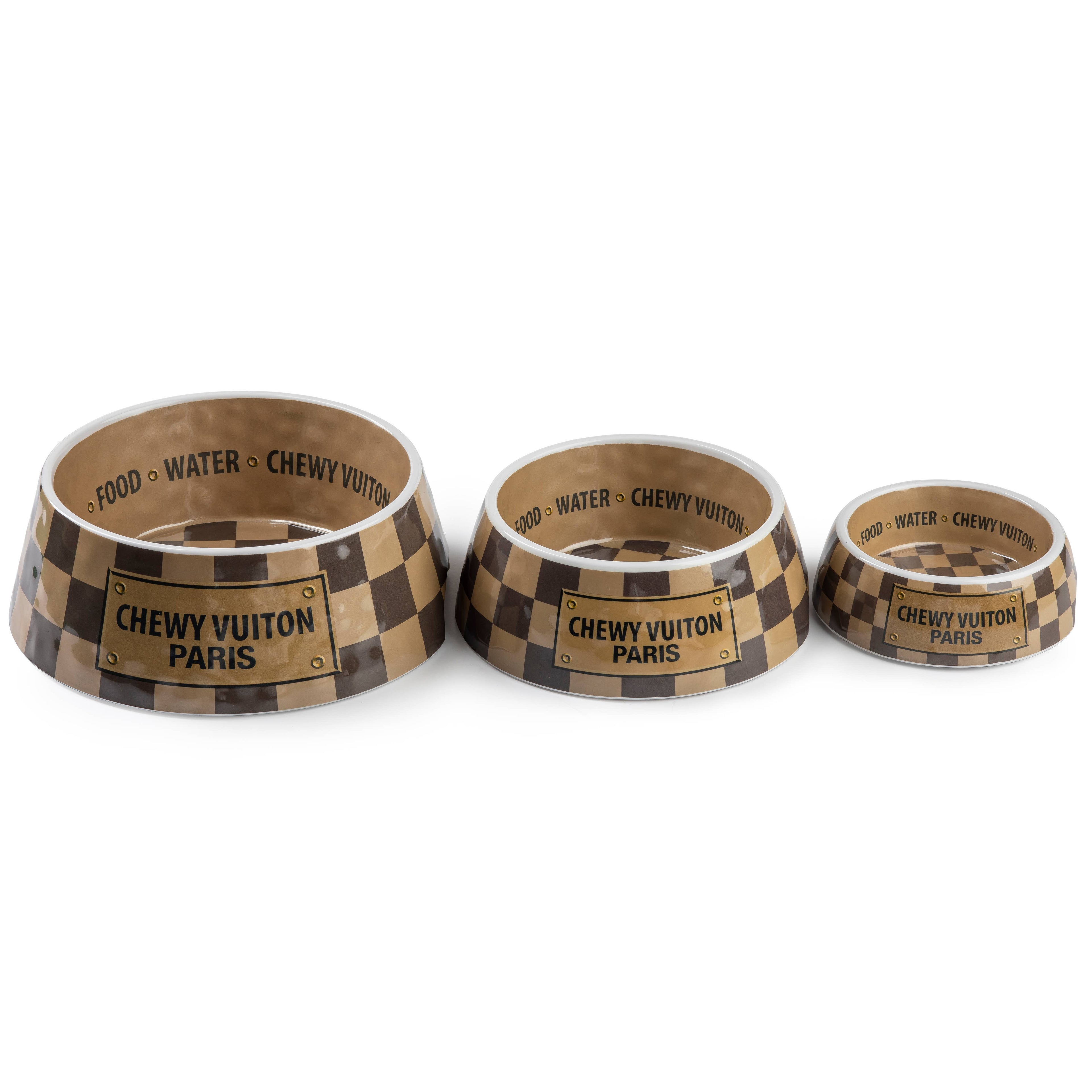 Tan Checker Chewy Vuiton Bowls & Placemat Set Dog Food Bowl