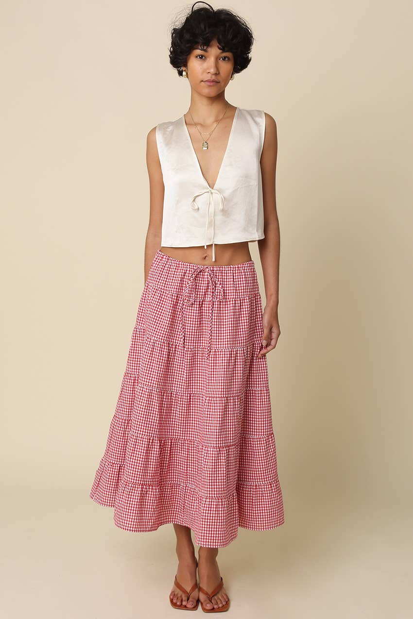 Jasmine Gingham Drawstring Tiered Maxi Skirt
