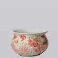 Rustic Bird & Flower Pink & Green Porcelain Bulbous Cachepot