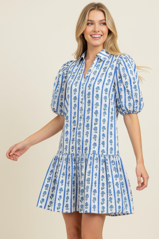 FLORAL STRIPE PUFFED SLEEVE MINI DRESS - 4450DK