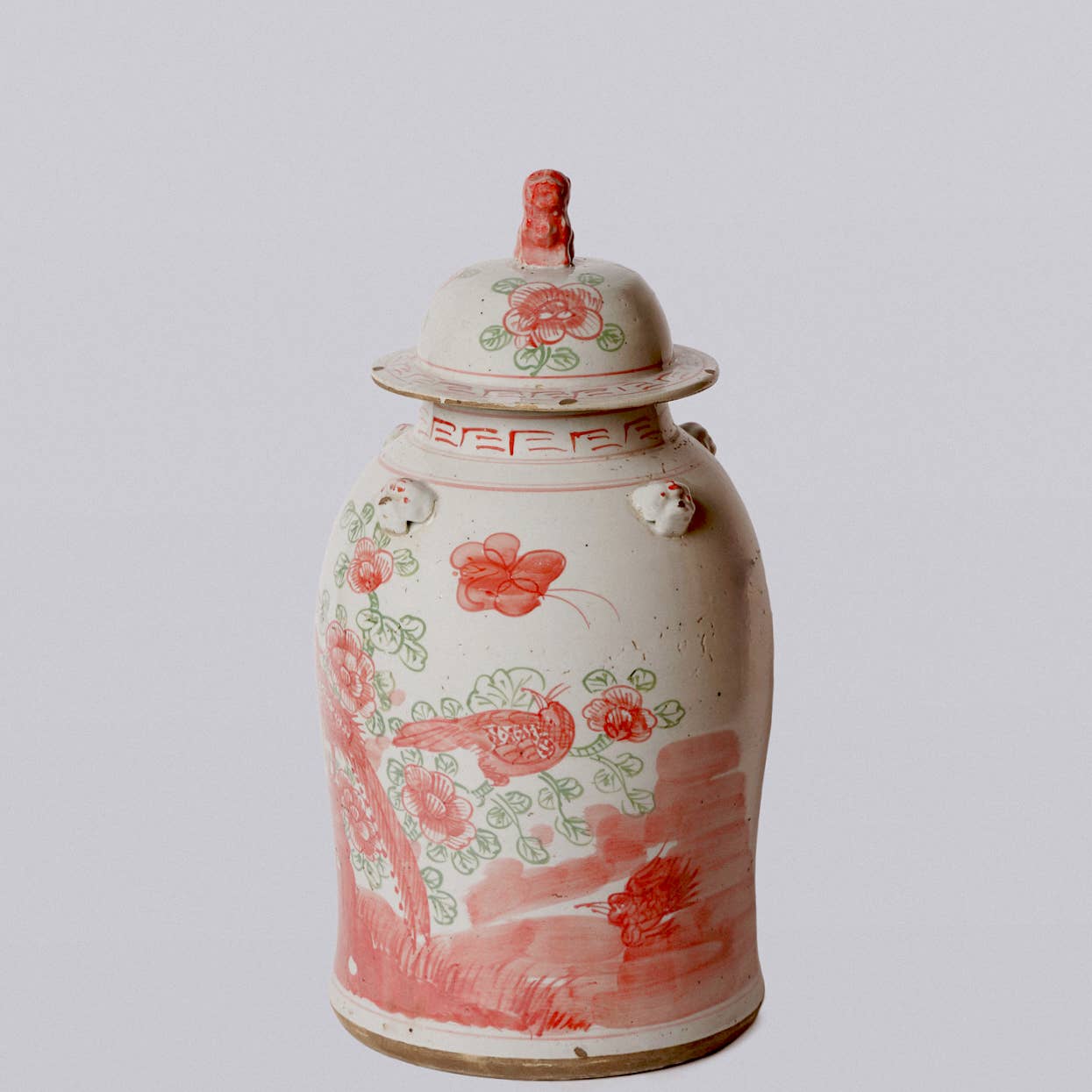 Pink and Green Porcelain Bird and Flower Temple Jar